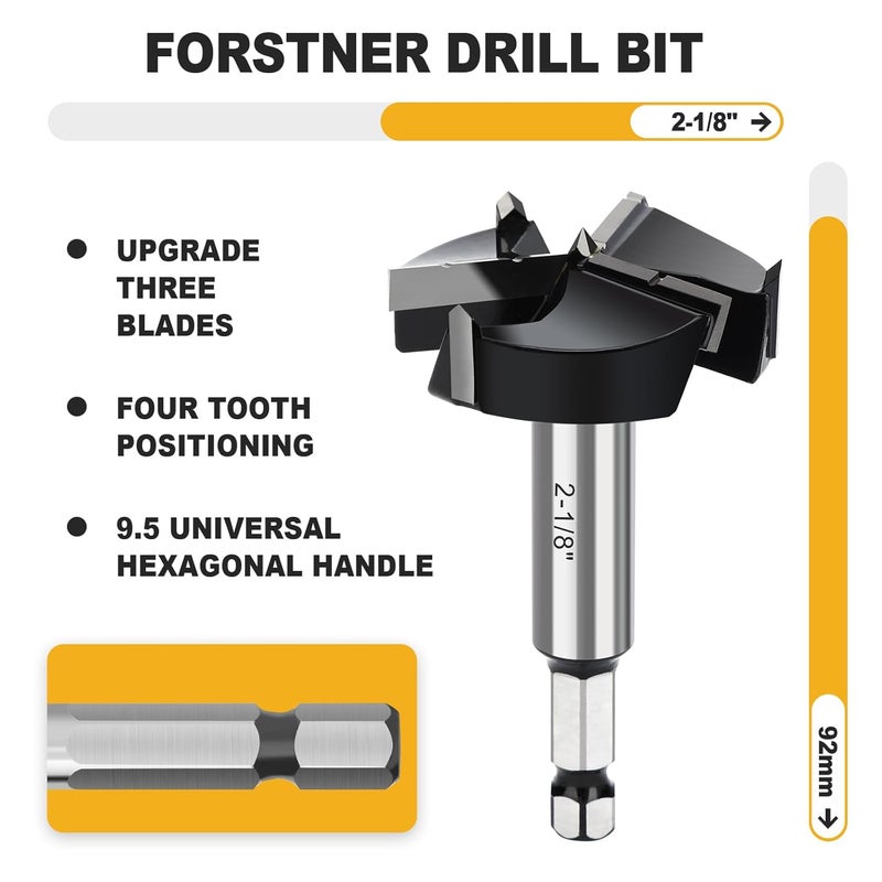 WOBLLMX 2-1/8" Forstner Drill Bit with 3/8" Quick Change Hex Shank,Triple Flute Tungsten Carbide Tipped - for Hard Wood,Soft Wood Woodworking Hinge Cutter Tool Kits for Veneered Plywood Plastic - Image 2